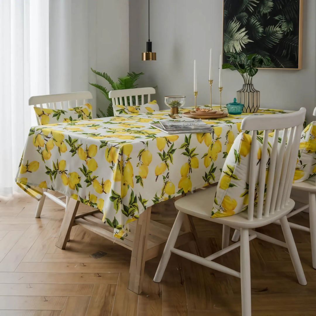 Lemon Print Yellow Polyester Tablecloth & Cushion Cover