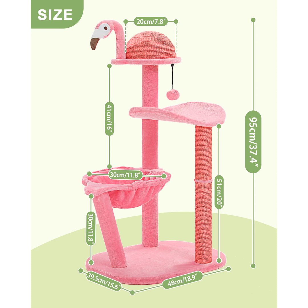 Charming Pink Flamingo Multi-Level Cat Tree with Hammock & Scratching Posts