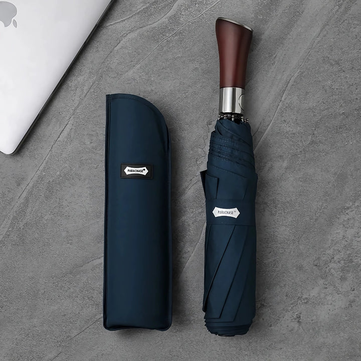 Automatic Windproof Men's Folding Umbrella with Wooden Handle