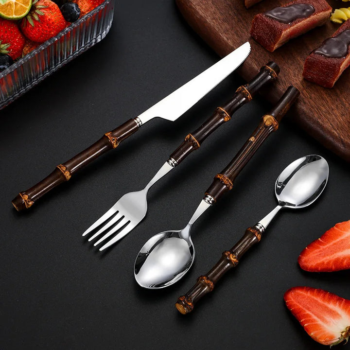 Black Bamboo Dinnerware Set - Upscale Stainless Steel Fork and Spoon Tableware