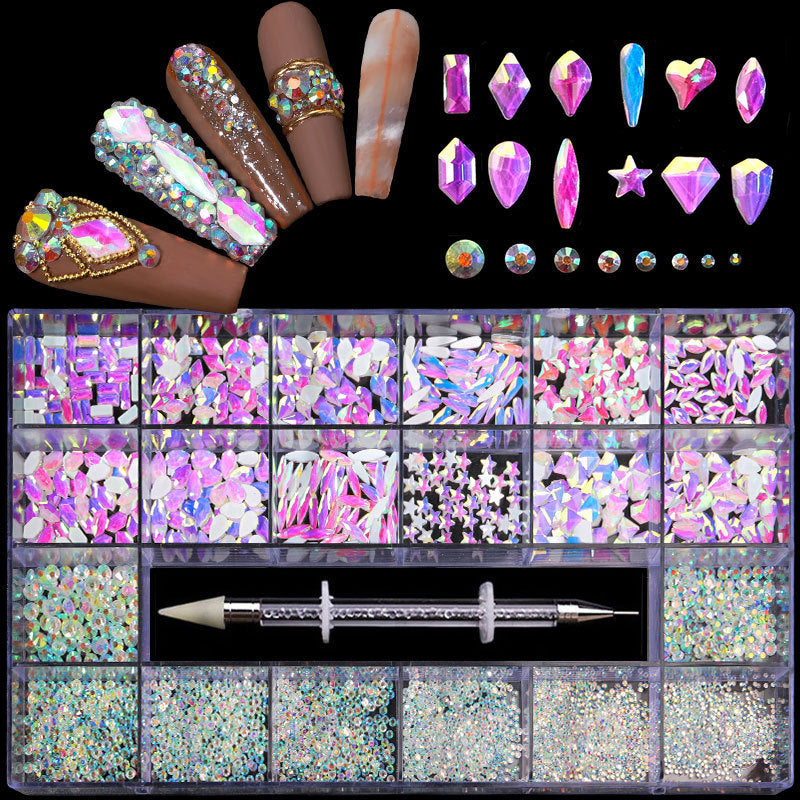 21 Grid Boxed Nail Rhinestone Flat Glass Nail Rhinestone Jewelry Set