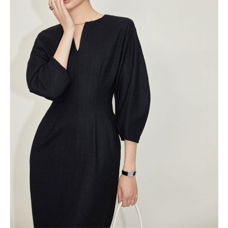 Black Female Temperament V-neck Black Dress Female