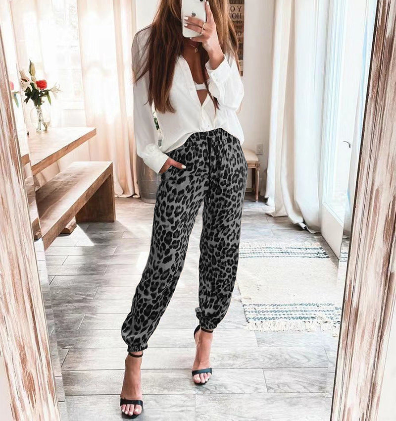 New Leopard Print Elastic Waist Casual Trousers Women