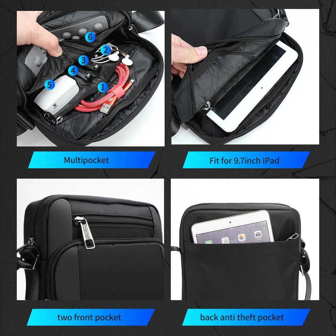 Waterproof Men’s Crossbody Bag with Shockproof iPad Pocket for 9.7" Tablet