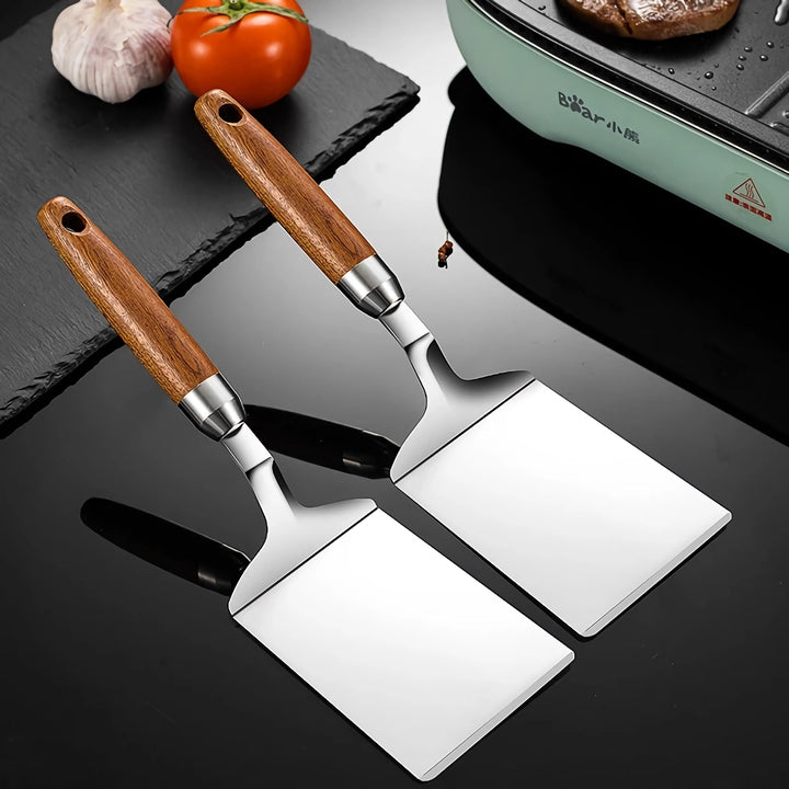 Stainless Steel Cooking Spatula with Wooden Handle - Teppanyaki, Pizza, Pancake, and BBQ Utensils