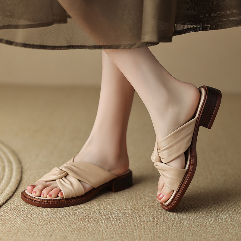 Stylish Square Mid Heels Genuine Leather Slippers