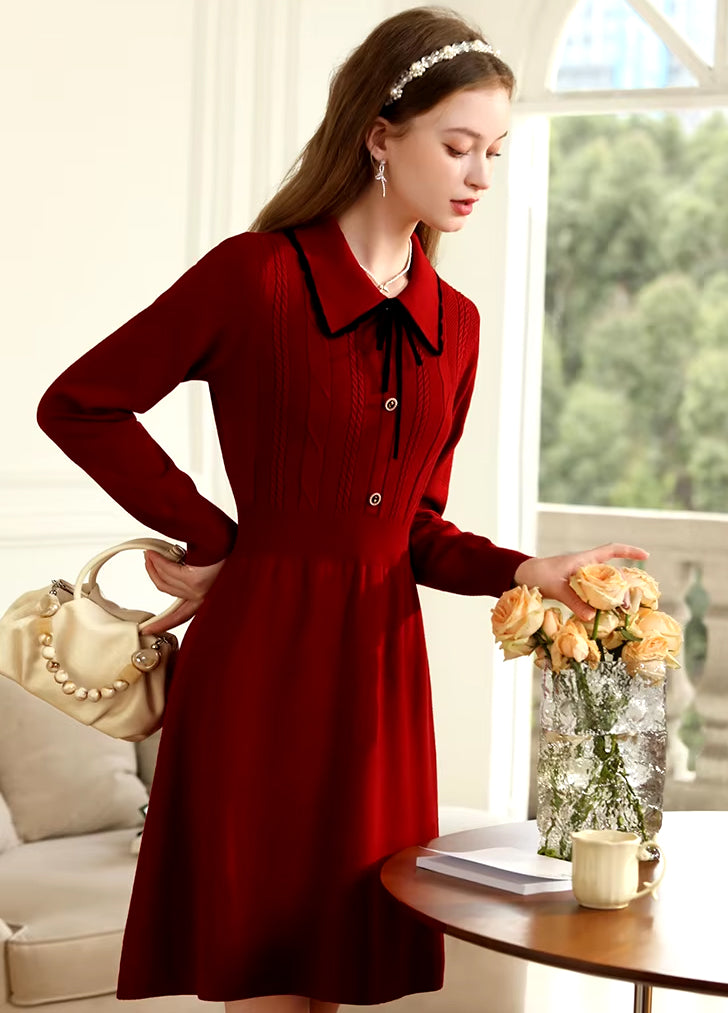 Elegant Vintage Red Long Sleeve Knitted Dress