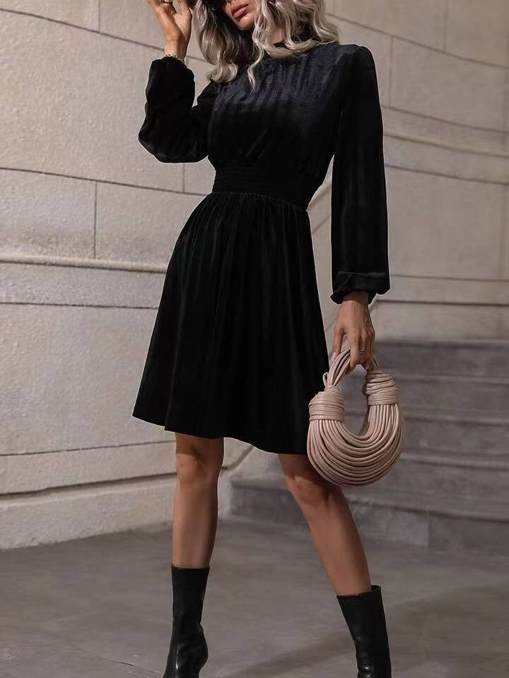 Graceful Stand Collar Solid Color Velvet Long Sleeve Dress