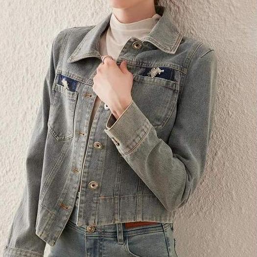 Spring Retro Washed Denim Jacket with Turn Down Collar