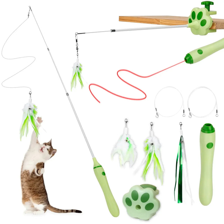 Interactive Retractable Cat Toy with Laser, Feather Teaser, and Telescopic Wand for Cats