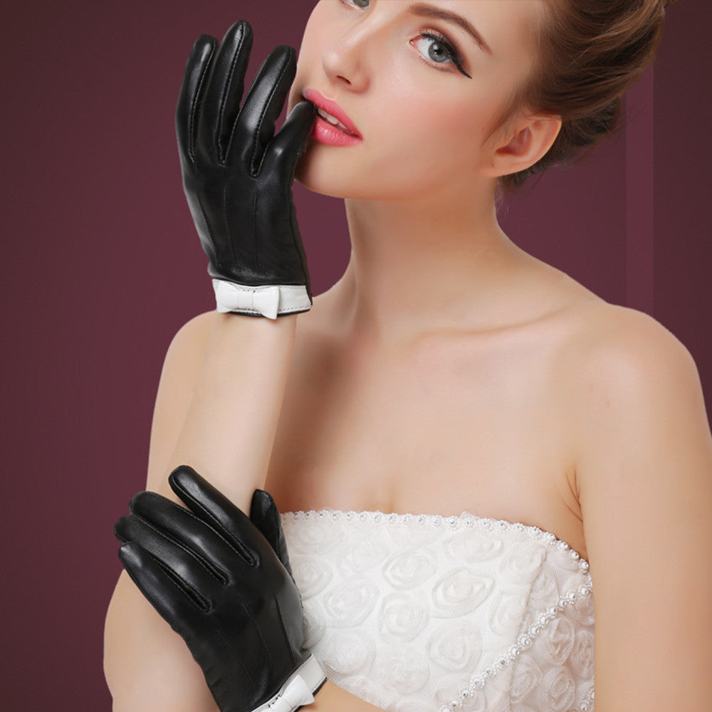 Leather Gloves Ladies Sheepskin Bow