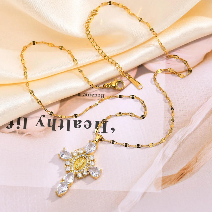 Luxury Rhinestone Virgin Mary Cross Pendant Necklace