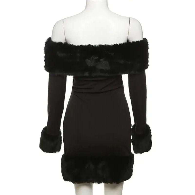 Elegant Off-Shoulder Fur-Trimmed Bodycon Mini Dress