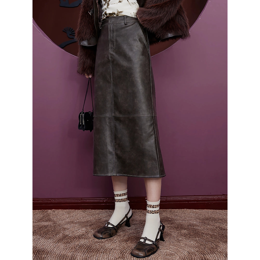 Mid-Length Brown PU High Waist Skirt - Elegant Autumn Style