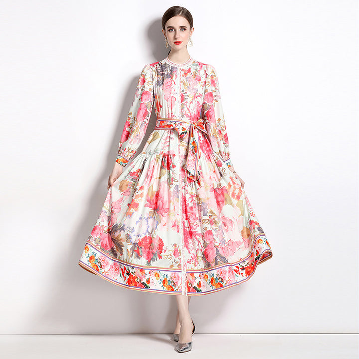 Elegant Floral Single-breasted Swing Dress