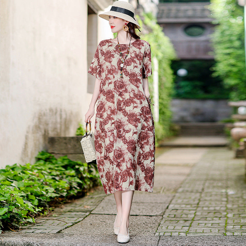 Women's Casual Versatile Cotton And Linen Floral Dress