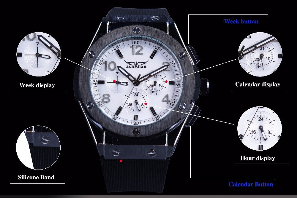 Men's Six Needles Automatic Mechanical Watch Black Shell White Surface Tape Mechanical Watch