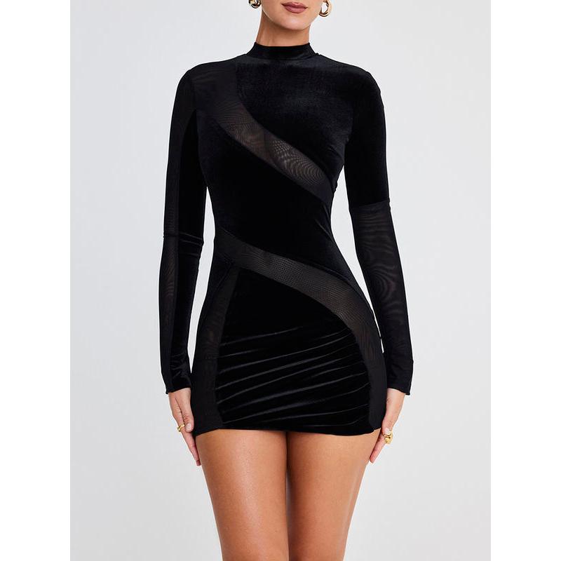 Velvet Long Sleeve Sexy Mini Dress with Zipper and Mesh Patchwork