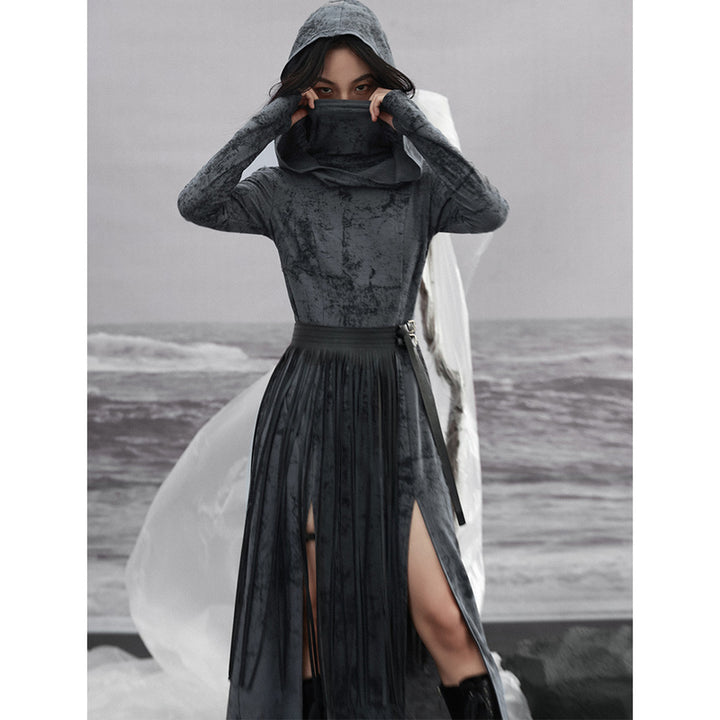 Elegant Dark Black Hooded High Neck Dress for Autumn