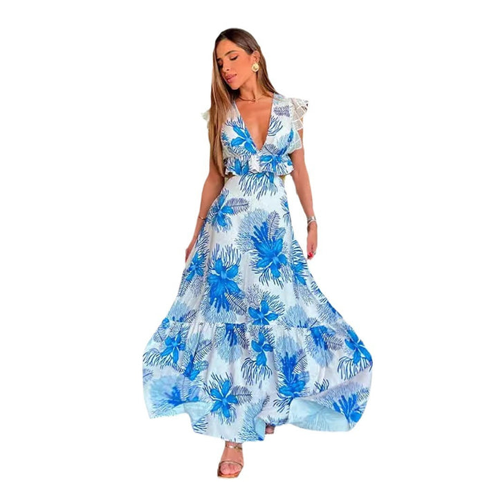 Blue Printed Deep V-neck Backless Hollow-out Midriff Dress