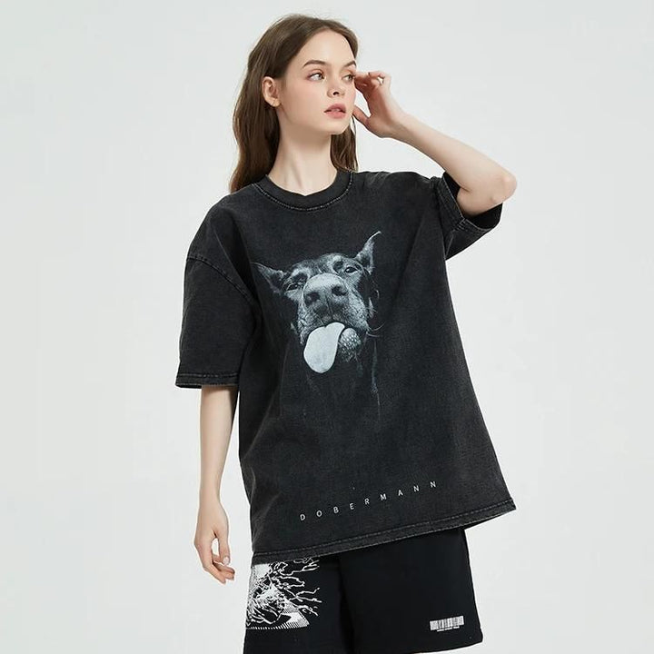 Oversized Hip Hop Streetwear T-Shirt with Vintage Doberman Dog Graphic