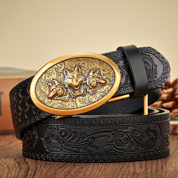 Men's 3.5CM Retro Leather Belt with Automatic Wolf Buckle