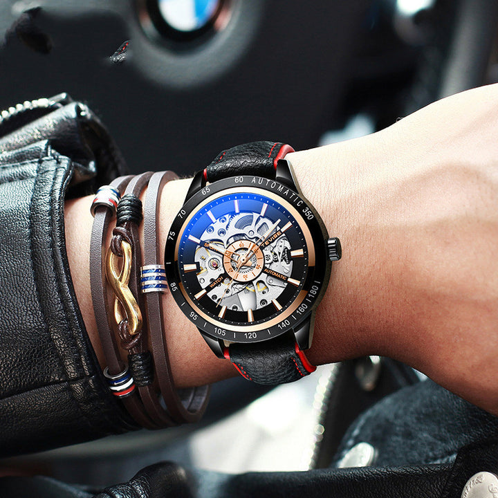 Men's Leather Hollow Mechanical Watch