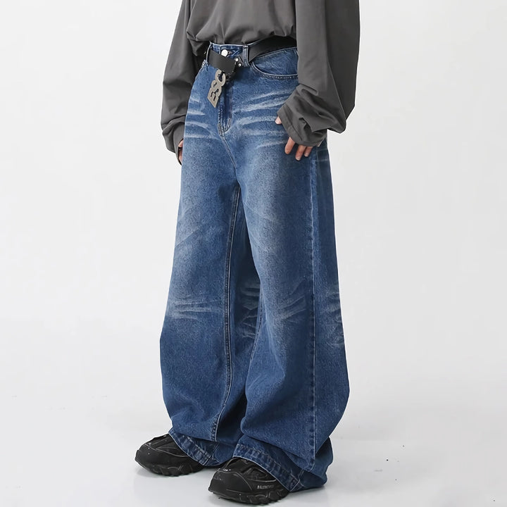 Washed Gradient Stripe Men's Denim Pants - Casual Wide Leg Trousers