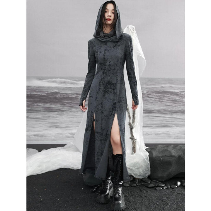 Elegant Dark Black Hooded High Neck Dress for Autumn