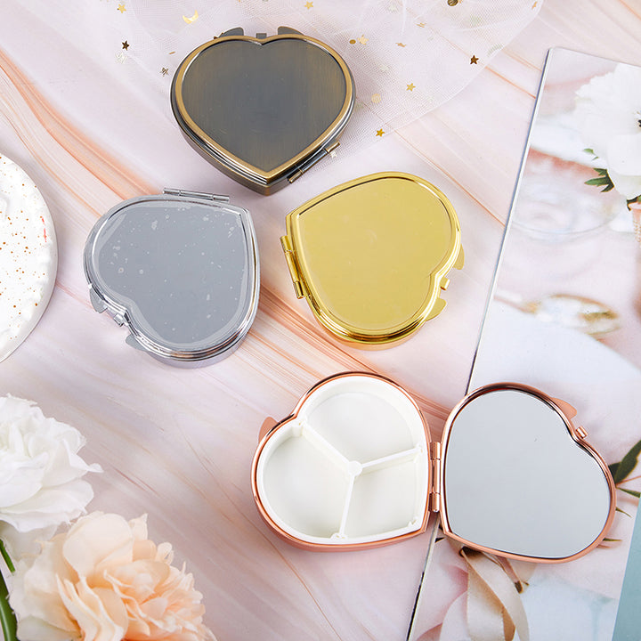 Heart-Shaped Metal Pill Box with Mirror