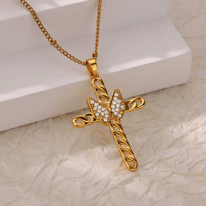 Butterfly and Cross Pendant Necklace