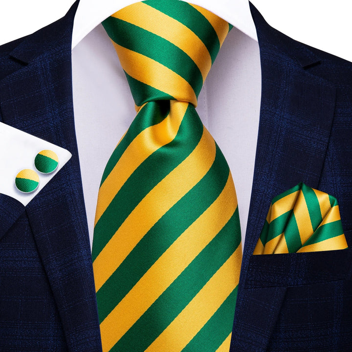 Yellow & Green Striped Silk Necktie Set for Men – Tie, Handkerchief, Cufflinks