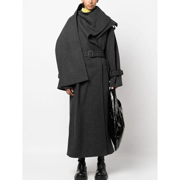 Casual Chic Spliced Belt Coat with Scarf Collar