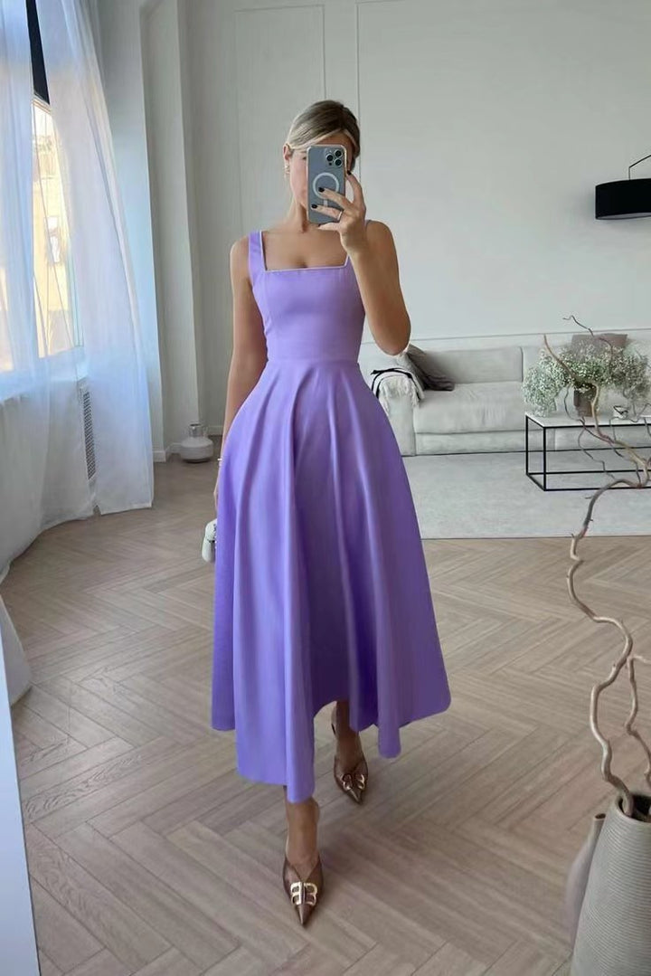 Fashion Retro Waist-controlled Square Collar Large Swing Dress