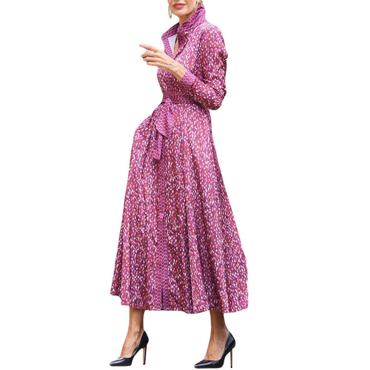 Temperament Printed Long Sleeve Lapel Mid-length Dress