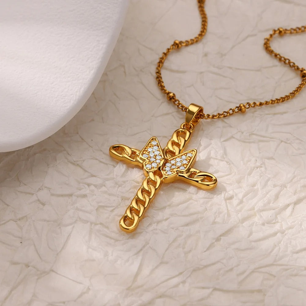 Butterfly and Cross Pendant Necklace