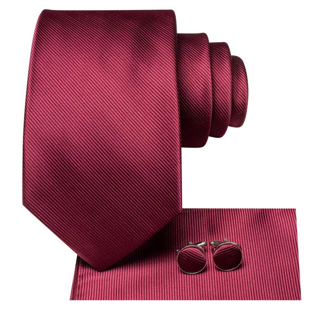 Elegant Solid Burgundy Red Silk Wedding Tie with Matching Accessories