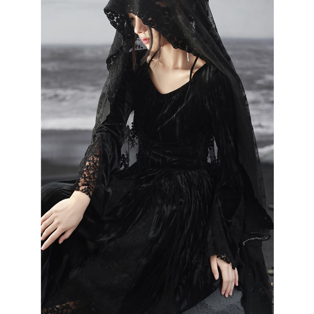 Dark Velvet Lace Splice Dress for Women - Elegant Autumn Style