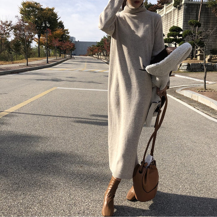 Cashmere Autumn And Winter Dress Women's Long Below The Knee Loose High Collar