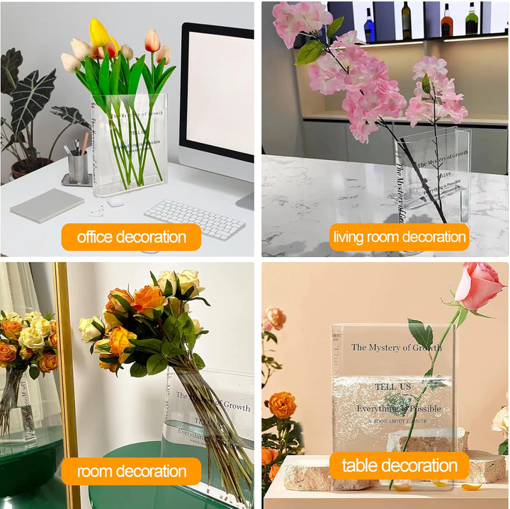 Modern Clear Acrylic Book Vase – Transparent, Creative Flower Vase