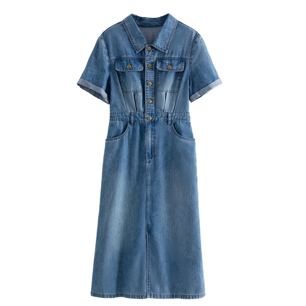 Denim Blue Polo Neck Short Sleeve Shirt Dress