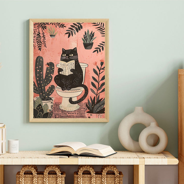 Funny Black Cat Reading on Toilet Poster