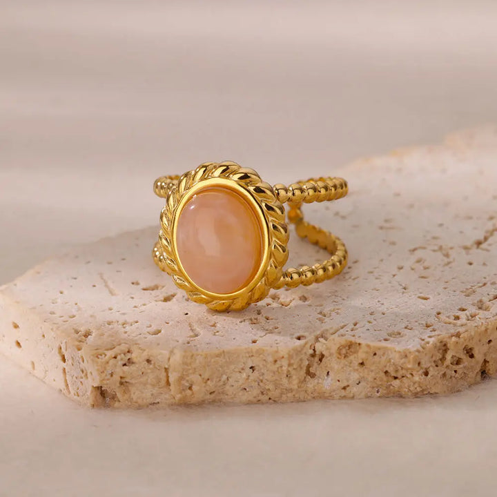 Natural White Opal Rings for Women - Gold Color Stainless Steel Classic Round Stone Couple Band