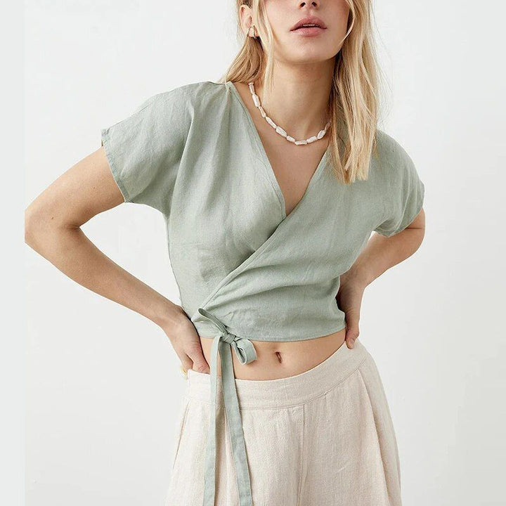 Summer Cotton Linen V-Neck T-Shirt for Women