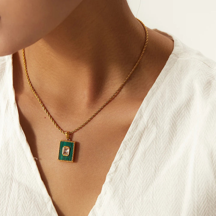 18K Gold Plated Square White Zircon Malachite Pendant Necklace for Women