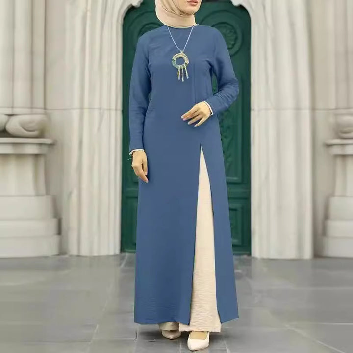 Muslim Women's Wear Ice Silk Wrinkle Long Sleeve High Slit Hem Dress