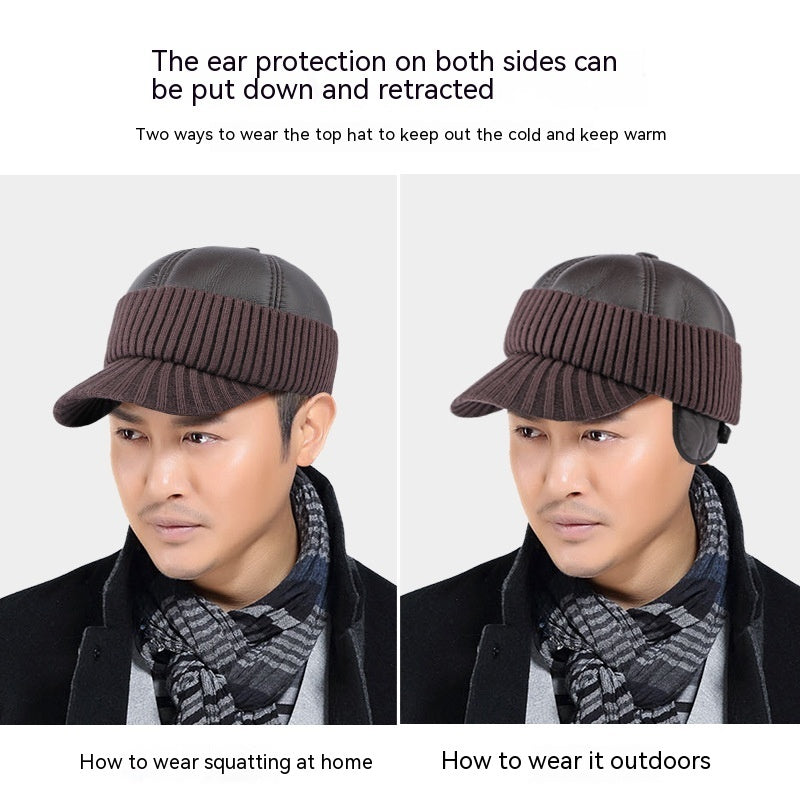 Men's Winter Leather Earflaps Warm PU Thickened Baseball Cap Hat