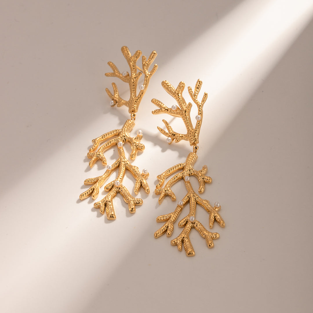 Gold Plated Coral Pearl Pendant Earrings