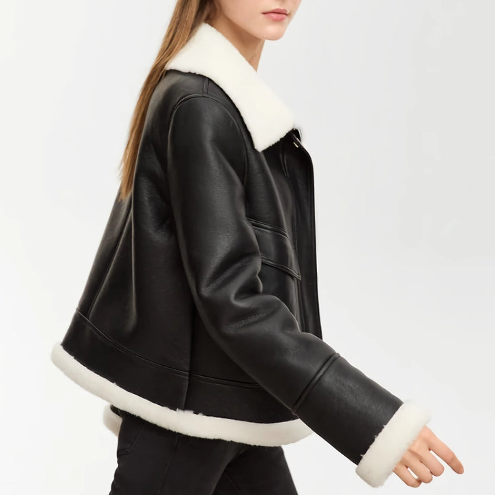 Minimalist Faux Leather Warm Jacket with Lapel Collar