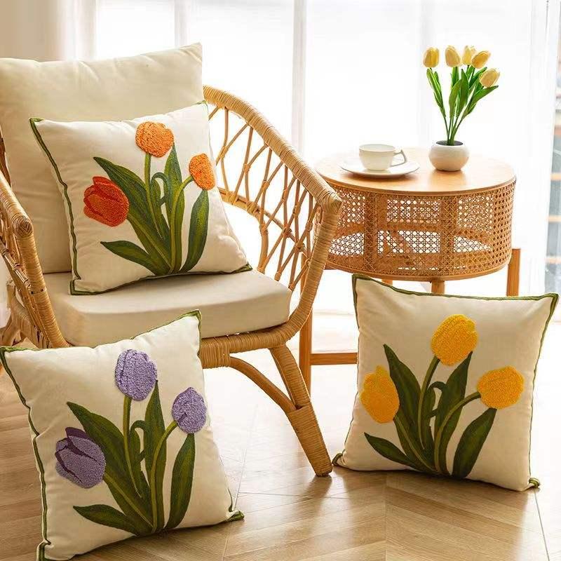 Floral Embroidered Tulip & Orchid Cushion Cover